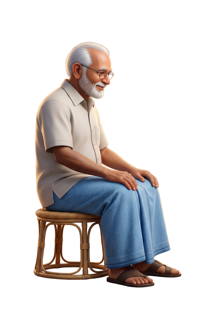 Elderly man sitting on a stool smiling